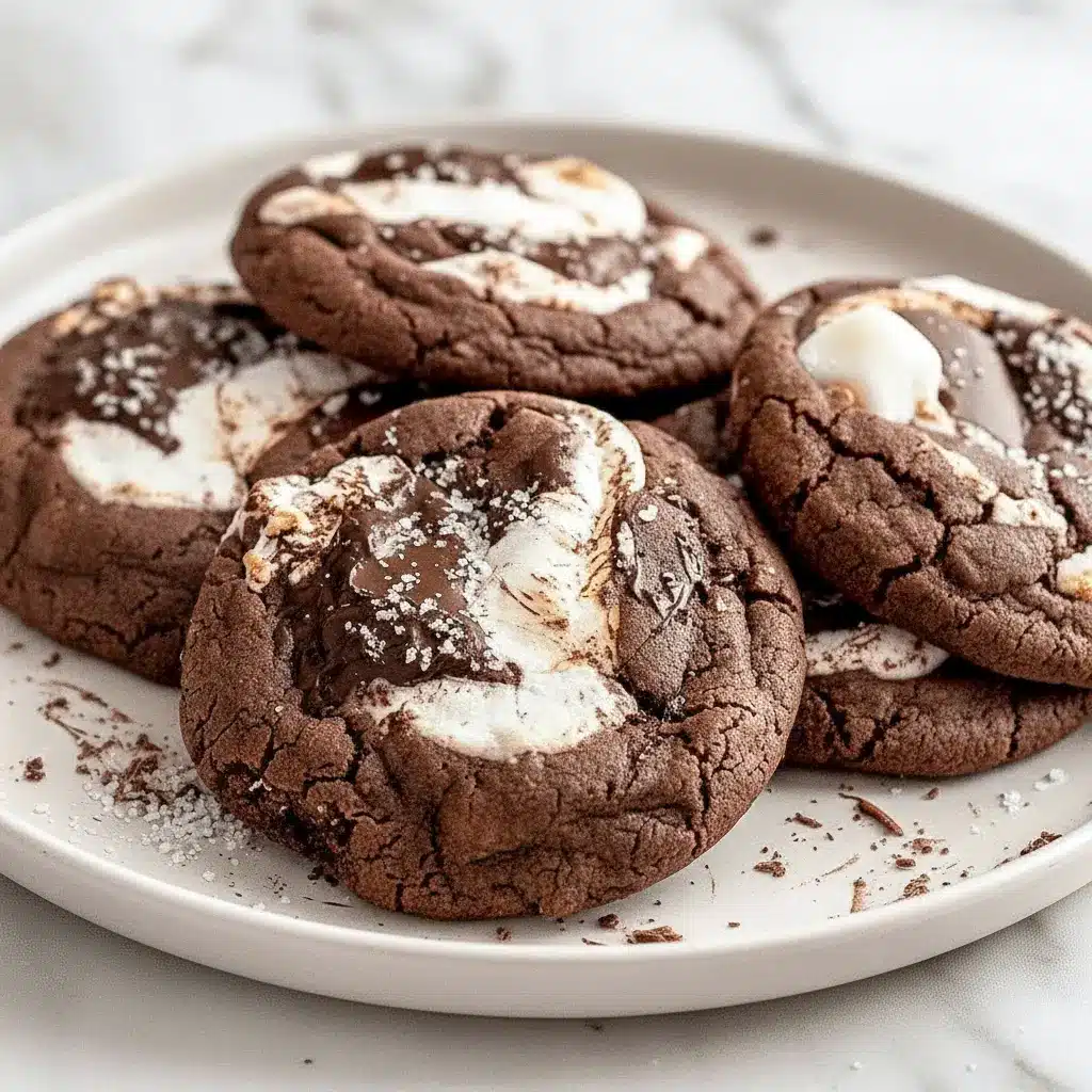 Close-up of a warm chocolate cookie with a glossy marshmallow swirl, stacked on a rustic plate, Marshmallow Swirl Cookies.