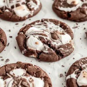 Close-up of a warm chocolate cookie with a glossy marshmallow swirl, stacked on a rustic plate, Marshmallow Swirl Cookies.