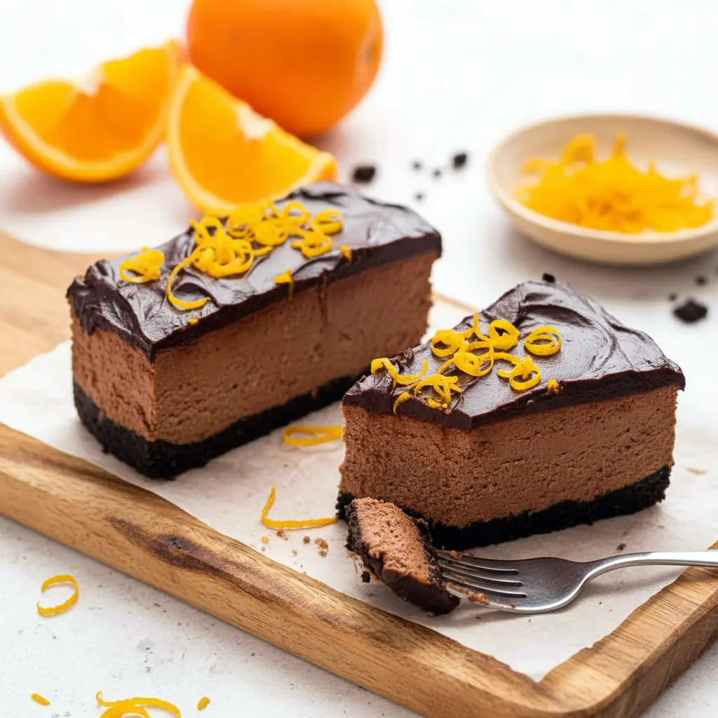 Slice of chocolate orange cheesecake on a white plate, glossy chocolate ganache, a sprinkle of orange zest on top, Oreo crust visible, dollop of whipped cream and a fork at the side.