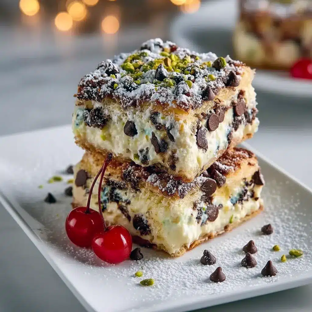 Overhead of golden-baked cannoli squares cut into neat pieces, showing creamy ricotta filling studded with mini chocolate chips and topped with chopped pistachios on a serving board, Cannoli Bars Recipe.