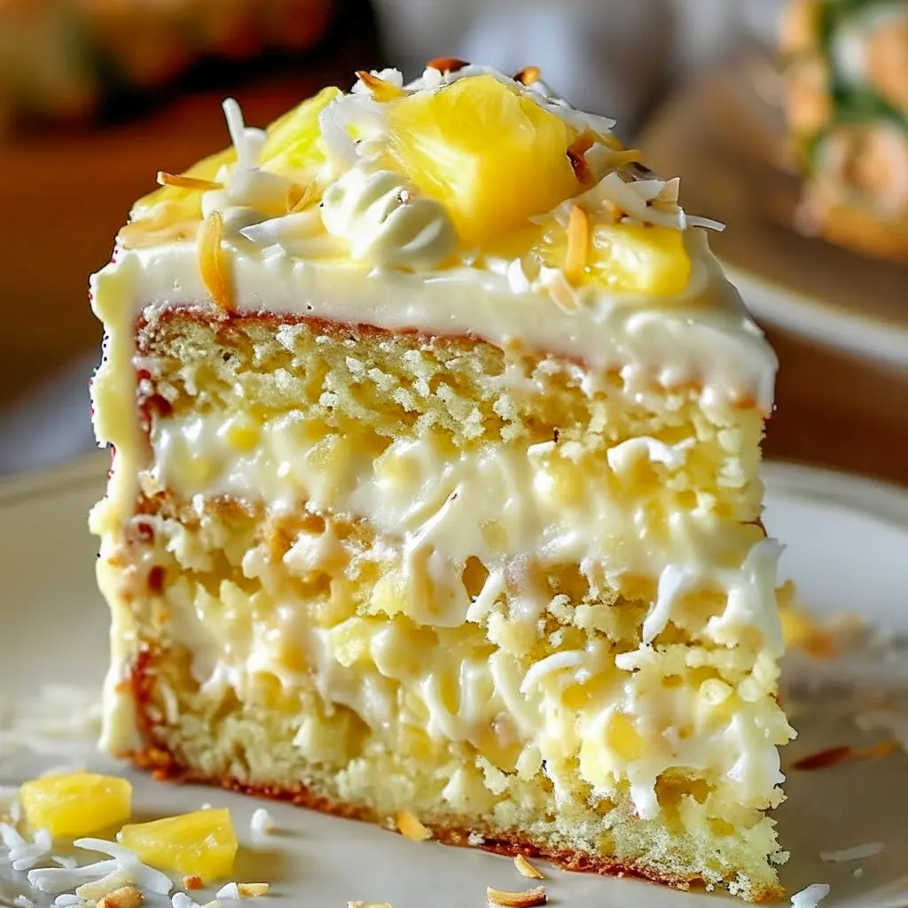 Coconut Pineapple Dream Cake Recipe — slice of golden cake topped with shredded toasted coconut, pineapple chunks, and creamy coconut frosting on a white plate.