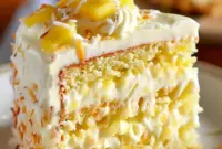 Coconut Pineapple Dream Cake Recipe — slice of golden cake topped with shredded toasted coconut, pineapple chunks, and creamy coconut frosting on a white plate.