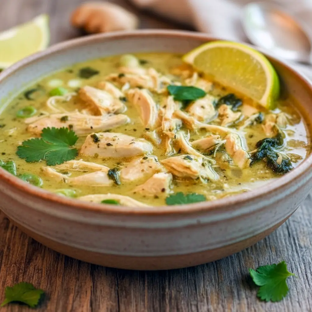 Bowl of Thai Ginger Chicken Soup with shredded chicken, sliced bell pepper, spinach, cilantro, and a lime wedge.