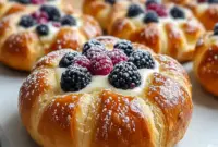 Vanilla Cheesecake Danish carnival bun with blueberry compote and a dusting of powdered sugar on a white plate.
