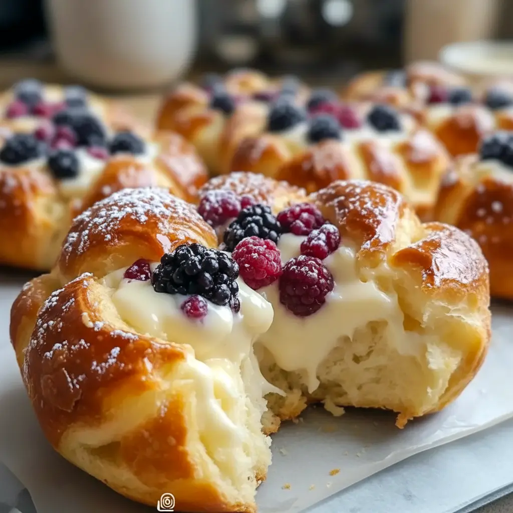 Vanilla Cheesecake Danish carnival bun with blueberry compote and a dusting of powdered sugar on a white plate.