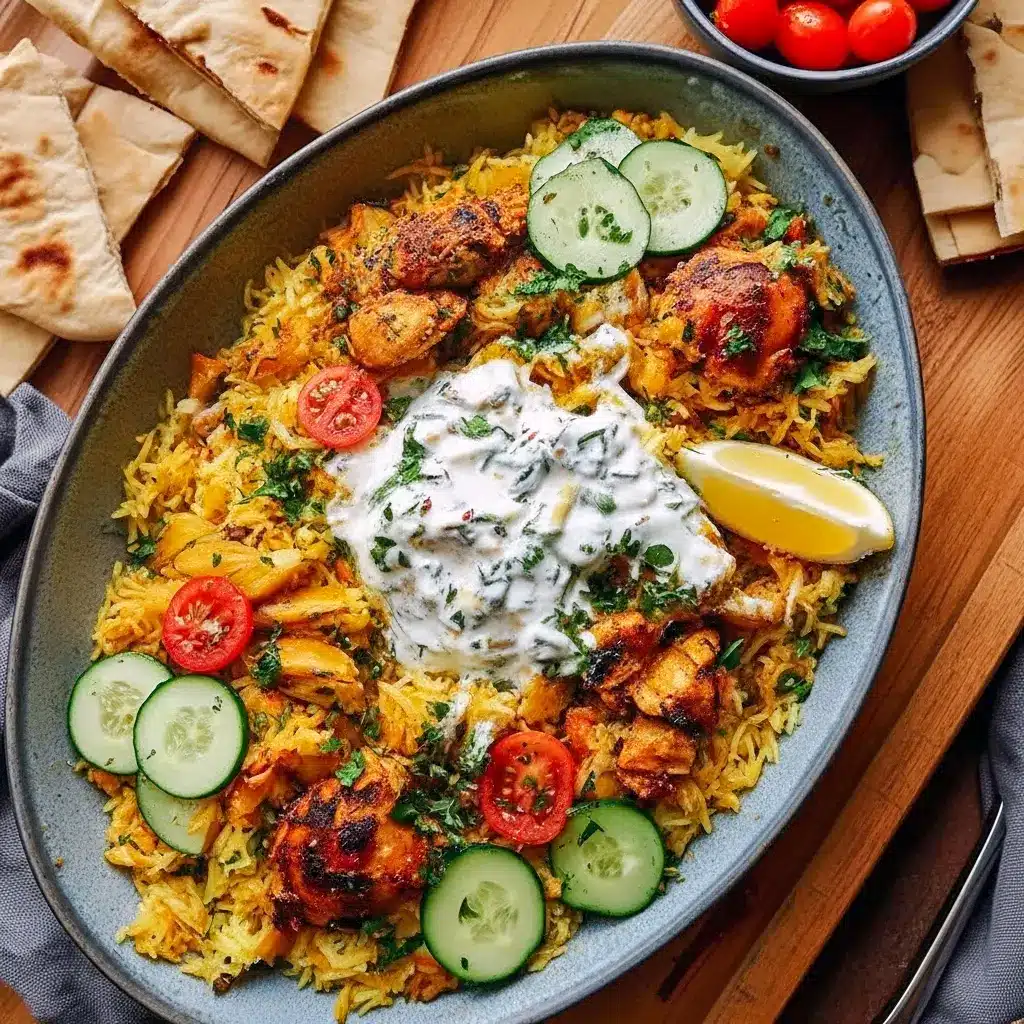 Golden-browned chicken breasts on a bed of seasoned rice, topped with creamy tzatziki and a sprinkle of fresh dill, Easy Summer Dinners.
