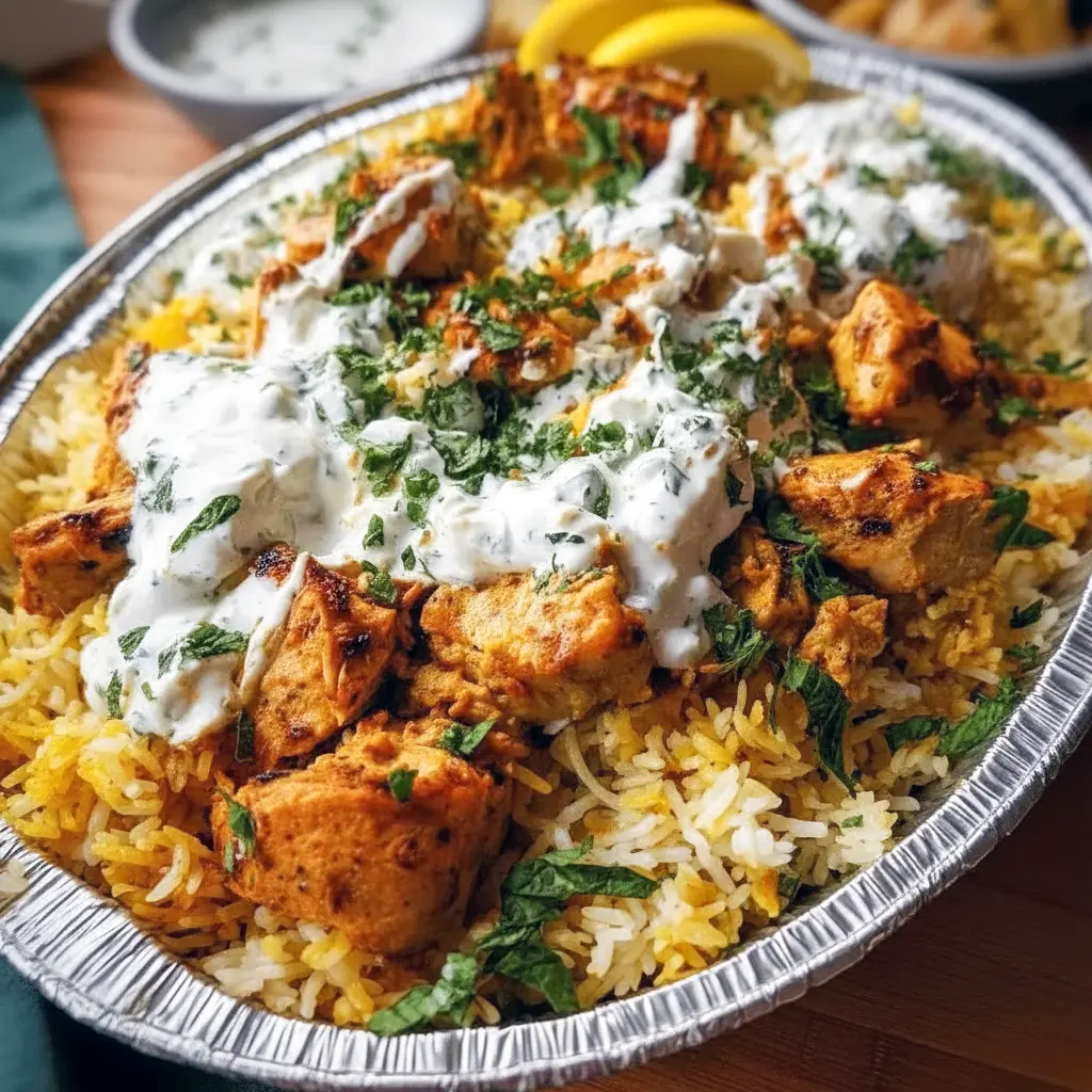 Golden-browned chicken breasts on a bed of seasoned rice, topped with creamy tzatziki and a sprinkle of fresh dill, Easy Summer Dinners.