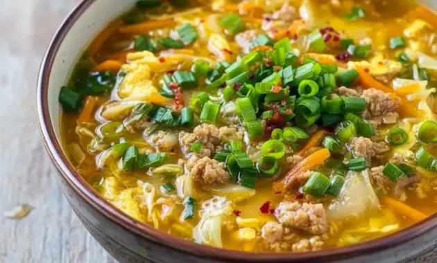 Steaming bowl of egg roll soup with ground pork, shredded cabbage, green onions, and ginger — a simple One Pot Healthy Dinner and an inviting example of Hearty Healthy Soups.