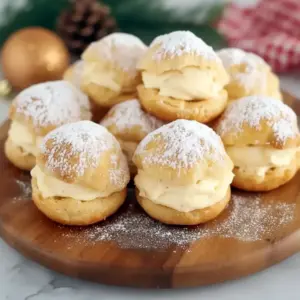 Golden Eggnog Cream Puffs filled with eggnog pastry cream, dusted with powdered sugar and a sprinkle of nutmeg on a holiday platter.