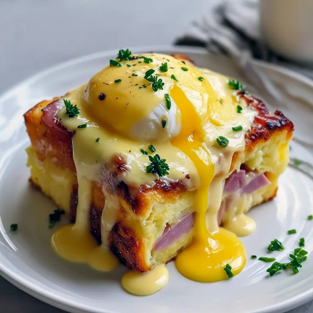 Pan of golden Eggs Benedict Casserole with warm hollandaise, chopped parsley, and visible chunks of English muffin and diced Canadian Bacon.