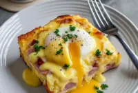 Pan of golden Eggs Benedict Casserole with warm hollandaise, chopped parsley, and visible chunks of English muffin and diced Canadian Bacon.