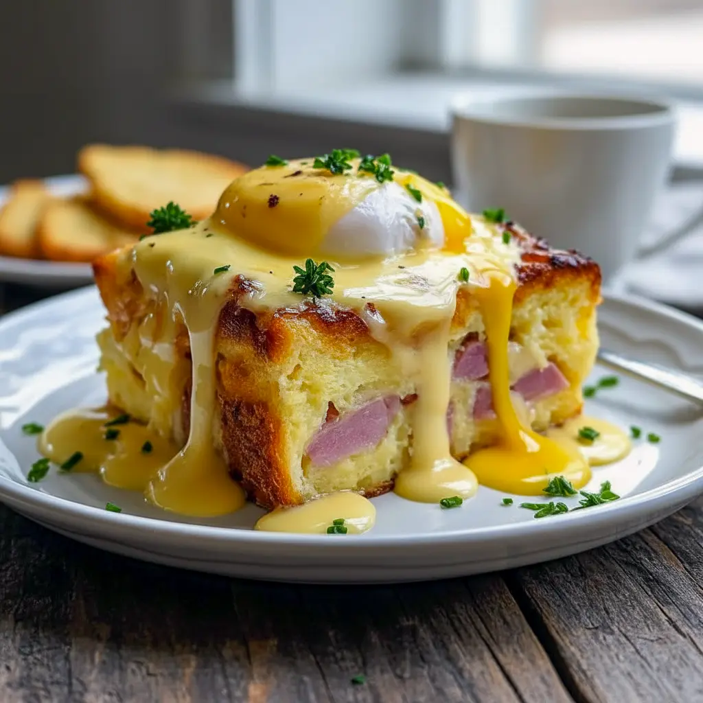 Pan of golden Eggs Benedict Casserole with warm hollandaise, chopped parsley, and visible chunks of English muffin and diced Canadian Bacon.