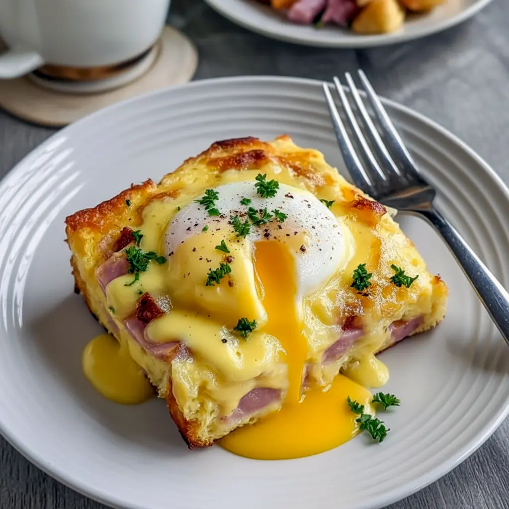 Pan of golden Eggs Benedict Casserole with warm hollandaise, chopped parsley, and visible chunks of English muffin and diced Canadian Bacon.