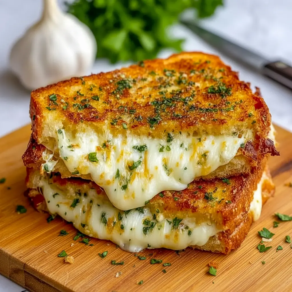 Close-up of a golden garlic-butter grilled cheese, gooey mozzarella and cheddar stretching between two halves, served with a bowl of tomato soup and a sprinkle of parsley, Grilled Cheese Recipes.