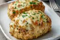 Close-up of golden Garlic Parmesan Chicken mini loaves with melted cheese and chopped parsley on a baking sheet, showing crispy edges and a tender interior.