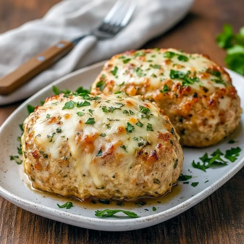 Close-up of golden Garlic Parmesan Chicken mini loaves with melted cheese and chopped parsley on a baking sheet, showing crispy edges and a tender interior.