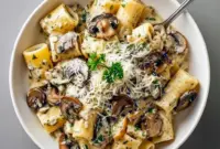 Truffle Cream Sauce tossed with fettuccine, sautéed mushrooms, and a shower of grated Parmesan on a plate.