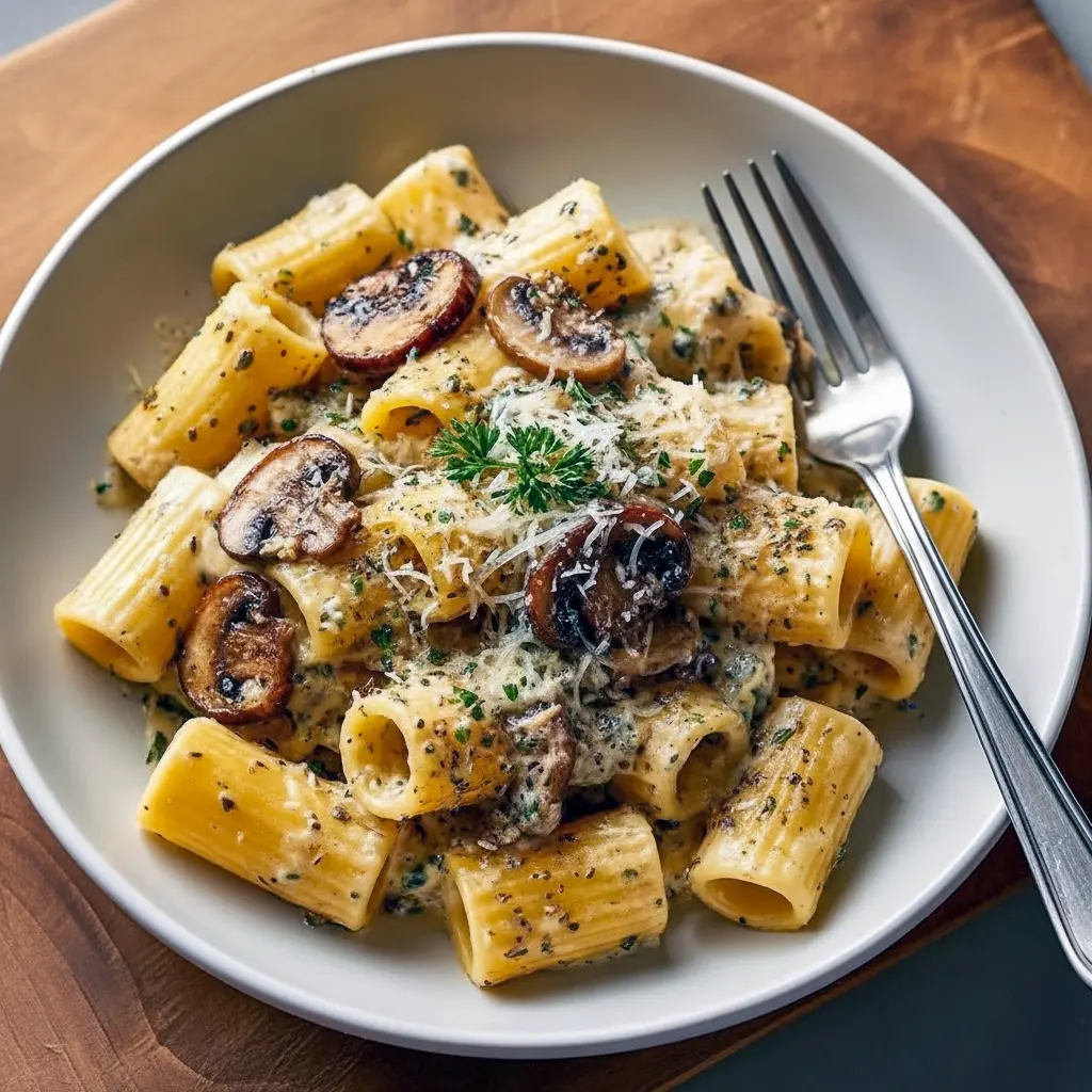 Truffle Cream Sauce tossed with fettuccine, sautéed mushrooms, and a shower of grated Parmesan on a plate.