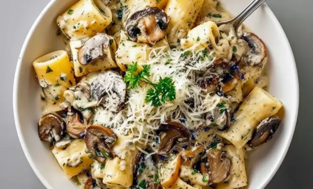Truffle Cream Sauce tossed with fettuccine, sautéed mushrooms, and a shower of grated Parmesan on a plate.