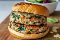 Close-up of Healthy Spinach Chicken Burgers on toasted buns with melted white cheddar and fresh spinach, ready to eat.