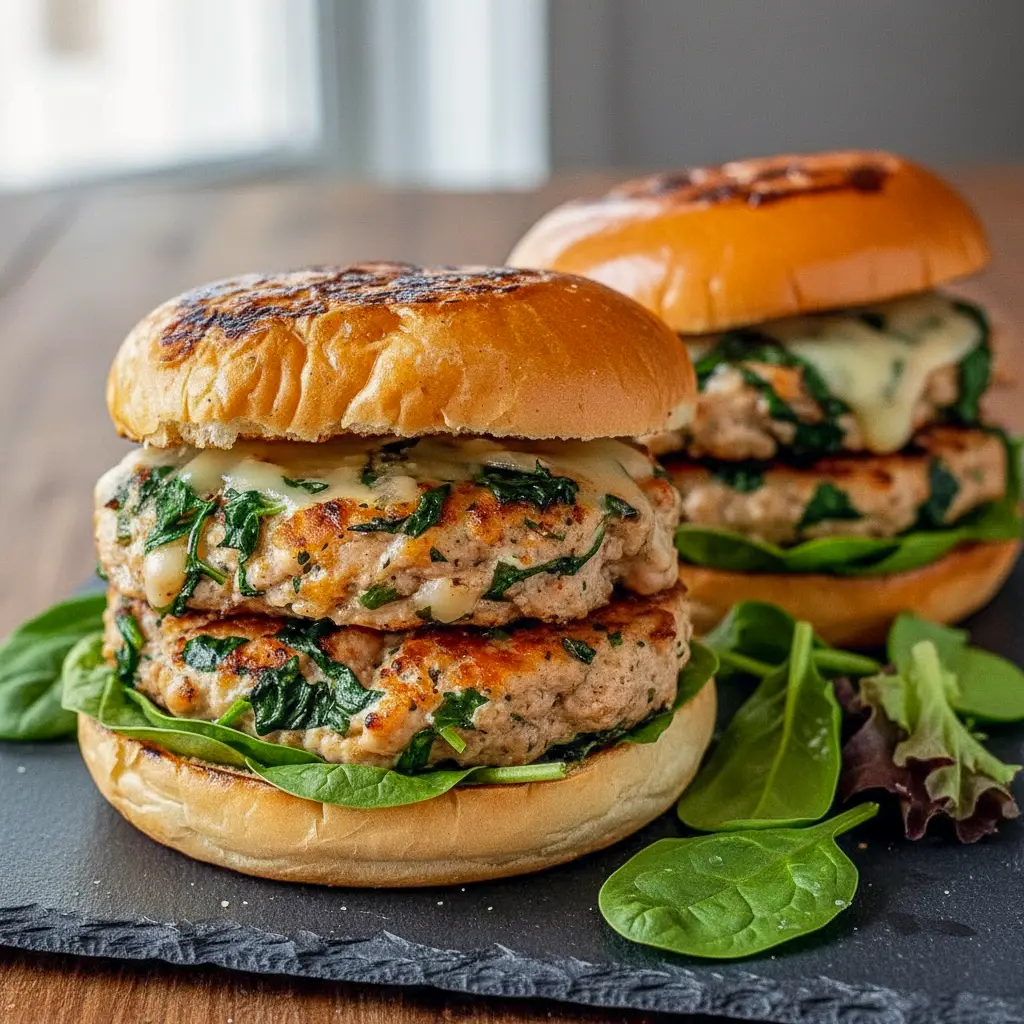 Close-up of Healthy Spinach Chicken Burgers on toasted buns with melted white cheddar and fresh spinach, ready to eat.