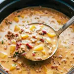 Bowl of Tuscan sausage soup with potatoes, white beans, sun-dried tomatoes and a pesto swirl, served with crusty bread.