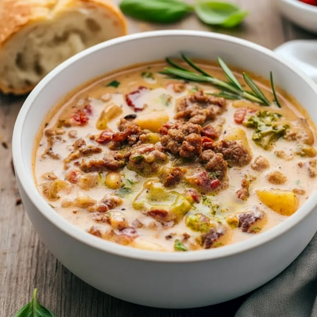 Bowl of Tuscan sausage soup with potatoes, white beans, sun-dried tomatoes and a pesto swirl, served with crusty bread.