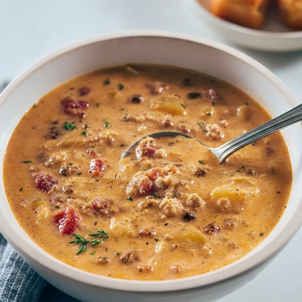 Bowl of Tuscan sausage soup with potatoes, white beans, sun-dried tomatoes and a pesto swirl, served with crusty bread.