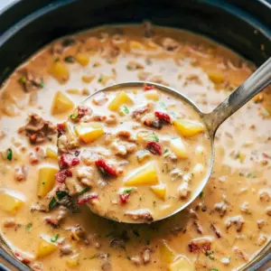 Bowl of Tuscan sausage soup with potatoes, white beans, sun-dried tomatoes and a pesto swirl, served with crusty bread.