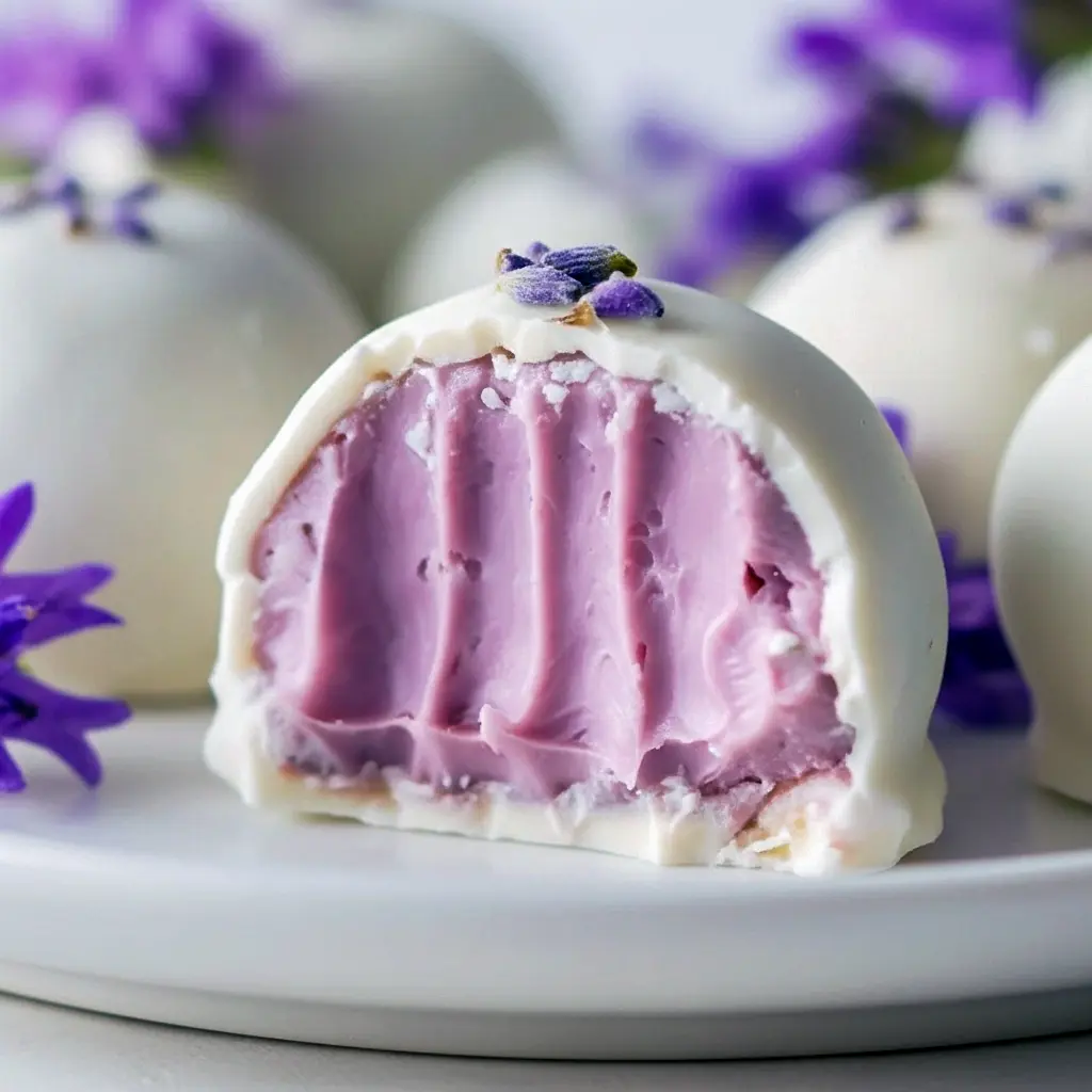 Close-up of glossy white chocolate Chocolate Truffles dusted with dried lavender and a light honey drizzle, arranged on parchment for a delicate spring dessert.