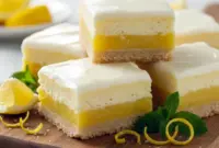 Lemon Cheesecake bar sliced on parchment, showing a creamy lemon layer over a cheesecake topping and golden crust, dusted with powdered sugar — elegant Cheesecake Bar ready to serve.