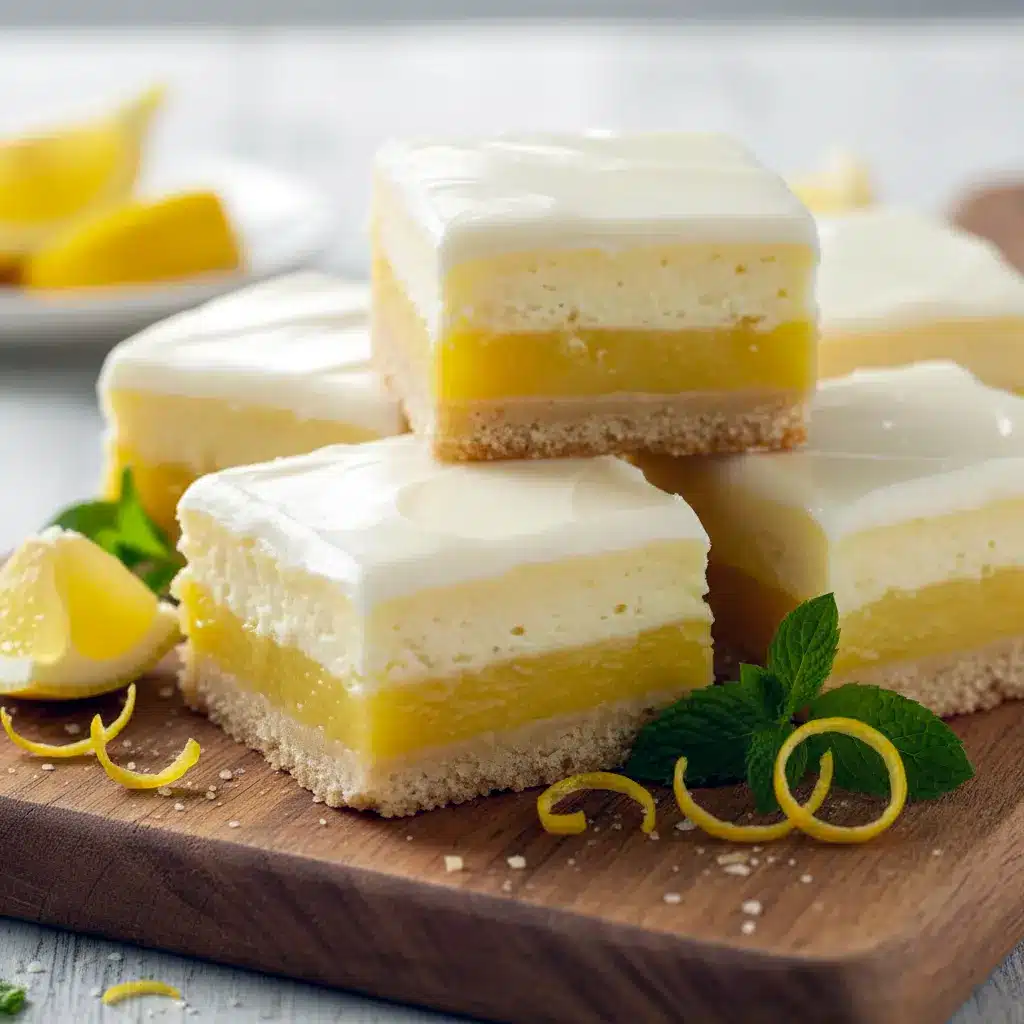 Lemon Cheesecake bar sliced on parchment, showing a creamy lemon layer over a cheesecake topping and golden crust, dusted with powdered sugar — elegant Cheesecake Bar ready to serve.