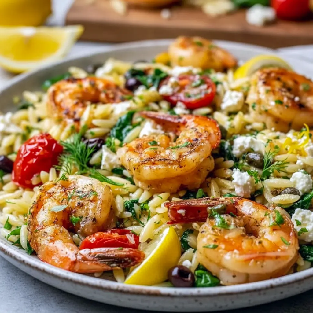 Bowl of lemon-feta orzo topped with roasted shrimp, halved cherry tomatoes, crumbled feta, and chopped dill, garnished with lemon wedges, Summer Dinner.