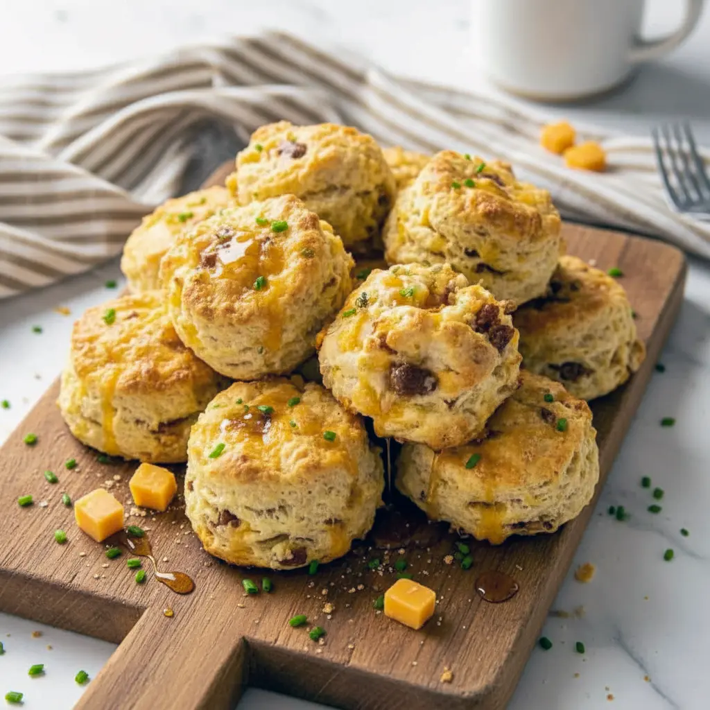 Loaded Breakfast Biscuits stacked on a plate, oozing melted cheddar with visible bacon and egg, ready for a Make Ahead Camping Breakfast.