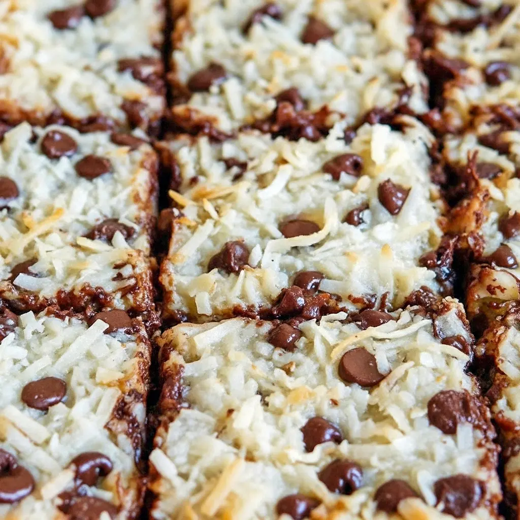 Magic Cookie Bars stacked on a plate, showing gooey chocolate chips, toasted coconut, and chopped nuts.