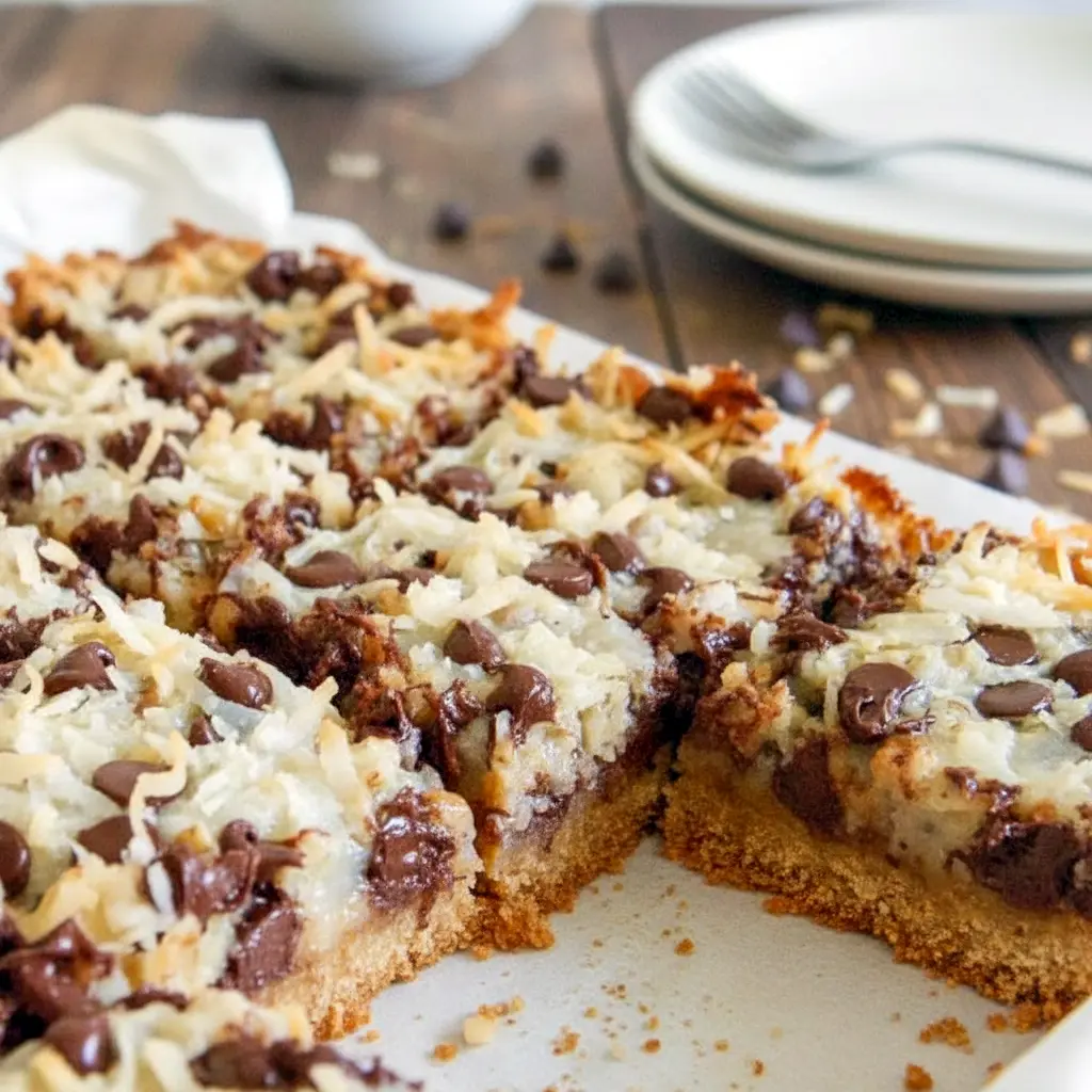 Magic Cookie Bars stacked on a plate, showing gooey chocolate chips, toasted coconut, and chopped nuts.
