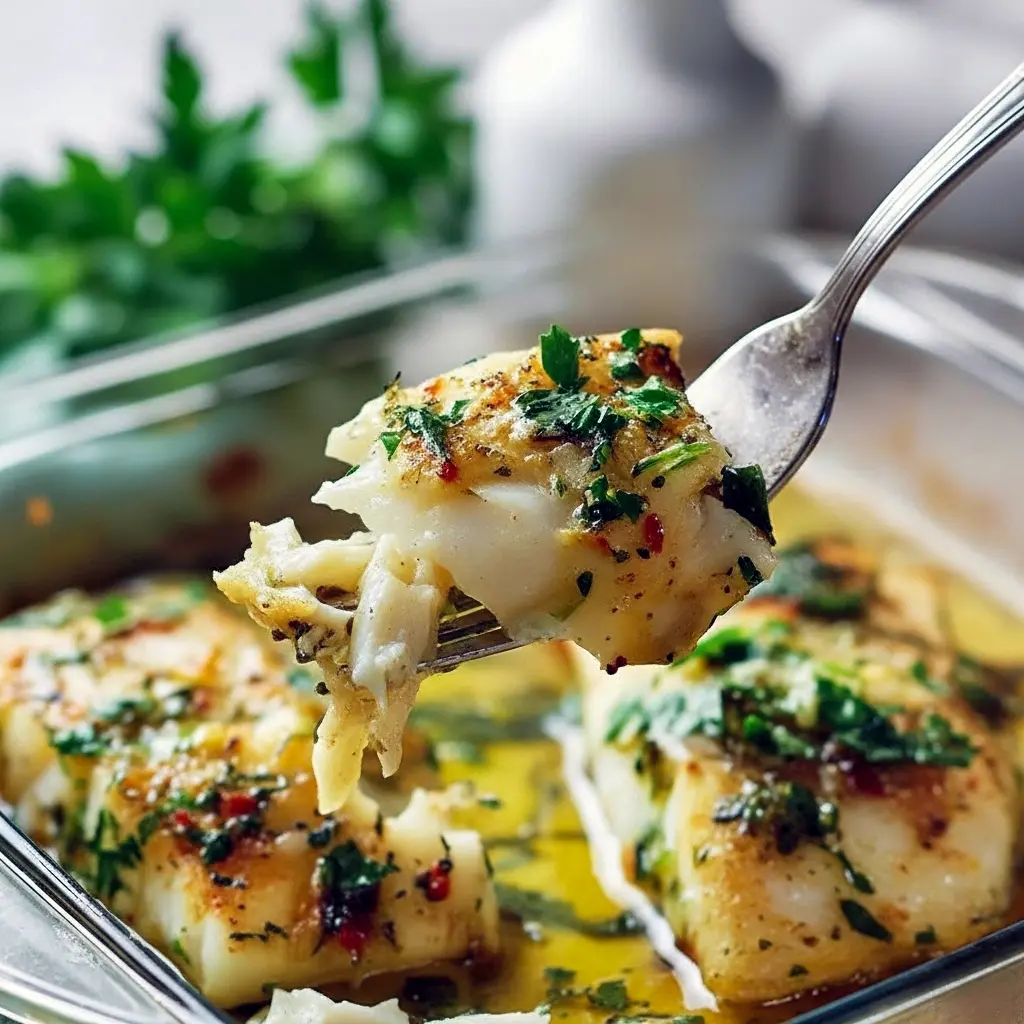 Close-up of flaky, golden-baked cod drizzled with lemon-garlic oil and sprinkled with parsley — a tasty example of Mediterranean Cooking and a top choice among Mediterranean Cod Recipes.