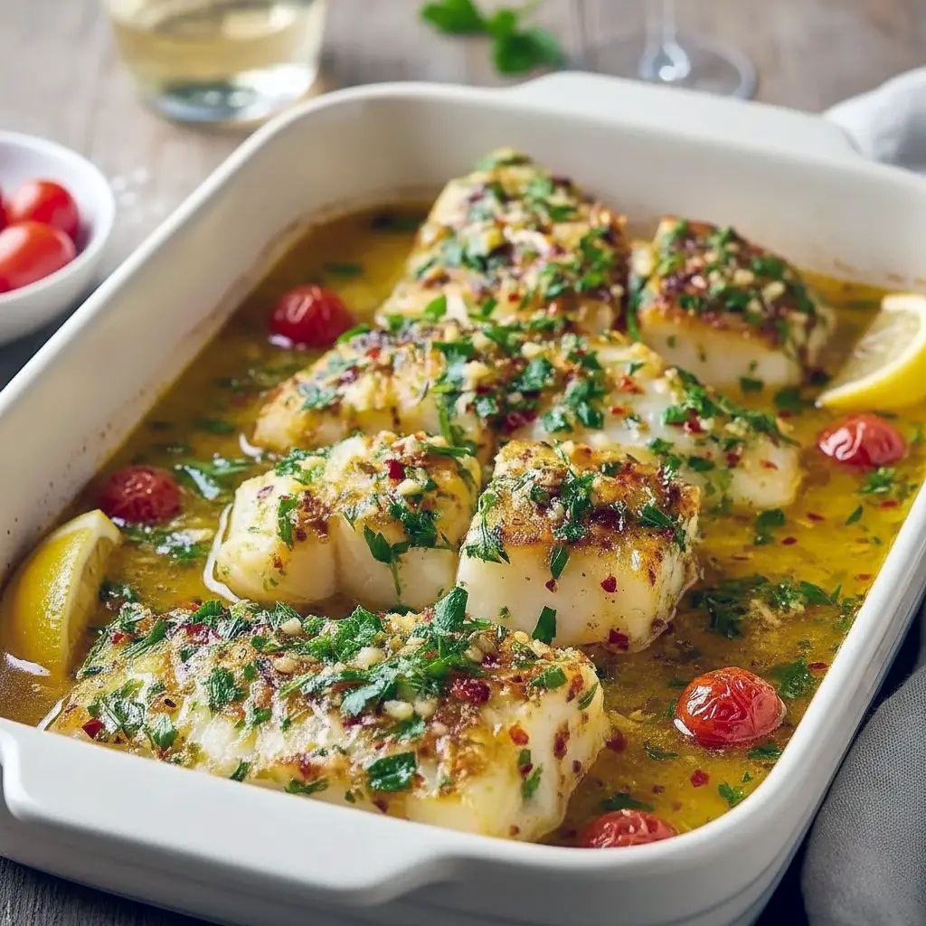 Close-up of flaky, golden-baked cod drizzled with lemon-garlic oil and sprinkled with parsley — a tasty example of Mediterranean Cooking and a top choice among Mediterranean Cod Recipes.