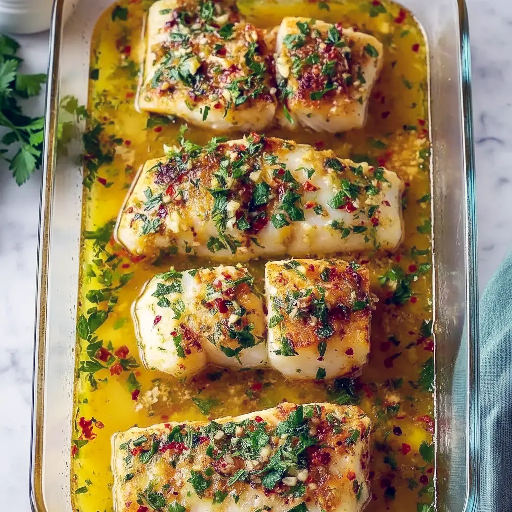 Close-up of flaky, golden-baked cod drizzled with lemon-garlic oil and sprinkled with parsley — a tasty example of Mediterranean Cooking and a top choice among Mediterranean Cod Recipes.