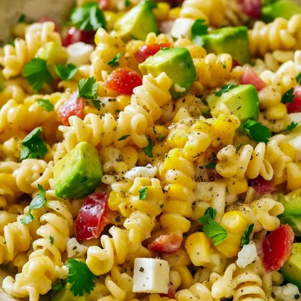 Fun Pasta Salad close-up of Mexican street corn pasta with charred corn kernels, crumbled cotija, cilantro and a lime wedge in a white bowl.