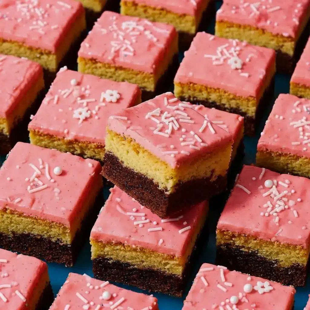 Three stacked slices of Sugar Cookie Bars showing layered chocolate and vanilla with pink raspberry glaze and sprinkles.
