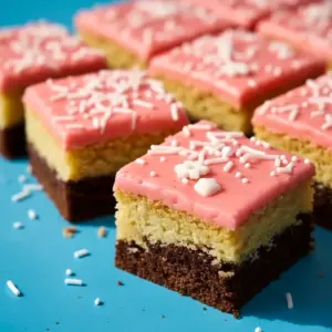 Three stacked slices of Sugar Cookie Bars showing layered chocolate and vanilla with pink raspberry glaze and sprinkles.