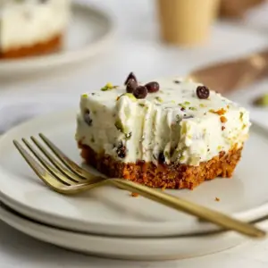 Square no-bake cannoli cheesecake bars on a serving plate, topped with mini chocolate chips and chopped pistachios.