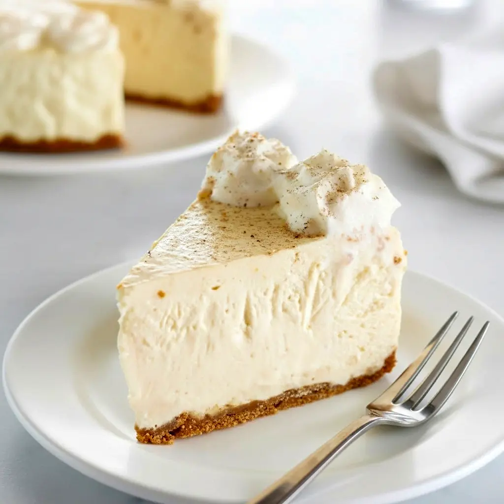 Slice of No Bake Eggnog Cheesecake with gingersnap crust, whipped cream, and a dusting of nutmeg.