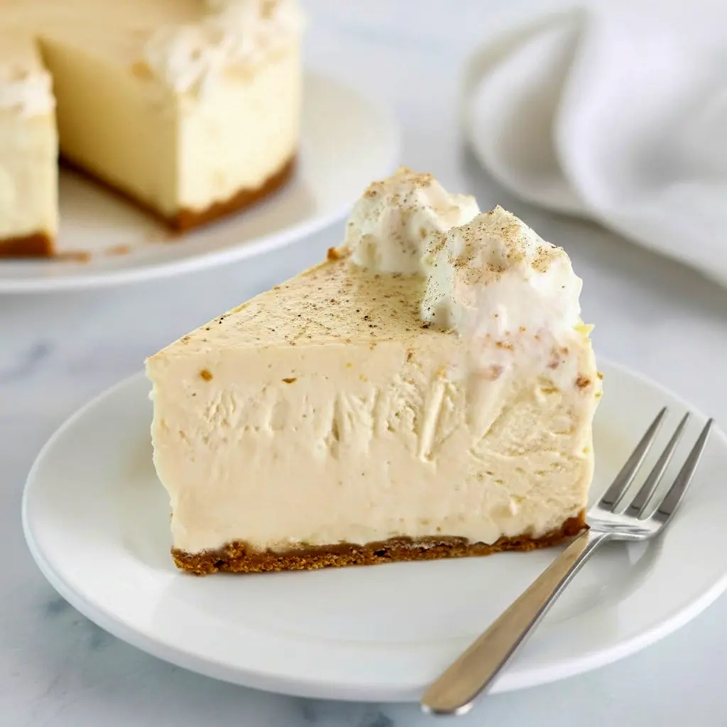 Slice of No Bake Eggnog Cheesecake with gingersnap crust, whipped cream, and a dusting of nutmeg.
