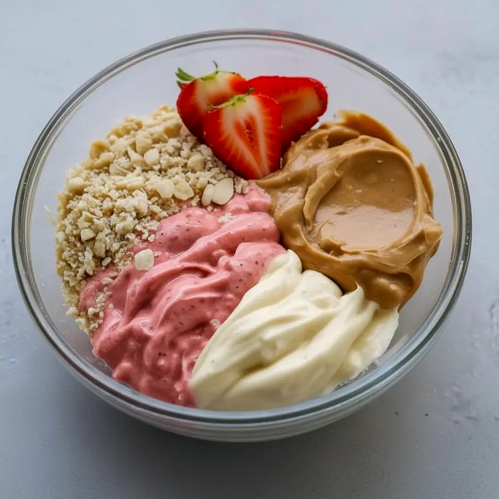 Close-up of Strawberry Cheesecake Protein Balls on parchment, pale pink centers with graham-cracker coating and a sprinkle of freeze-dried strawberry.