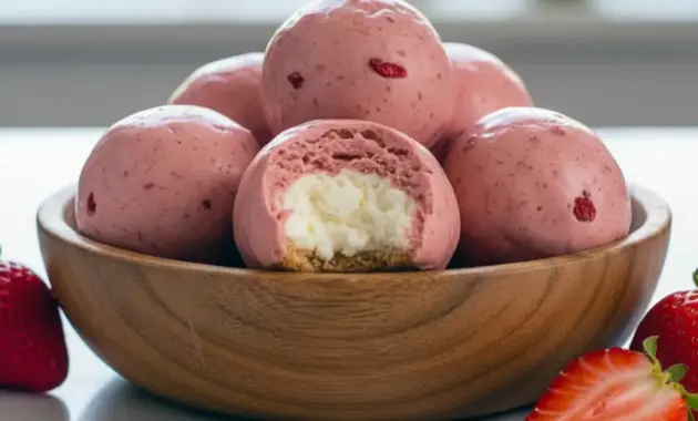 Close-up of Strawberry Cheesecake Protein Balls on parchment, pale pink centers with graham-cracker coating and a sprinkle of freeze-dried strawberry.