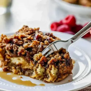 Close-up of a warm slice of Eggnog French Toast Casserole Overnight topped with caramelized pecans and a crisp crumble; a fork lifts a gooey bite of Eggnog French Toast Casserole that reveals spiced custard and soft bread, showcasing the cozy Eggnog French Toast goodness of this Over Night Eggnog French Toast Casserole, Overnight Eggnog French Toast Casserole.