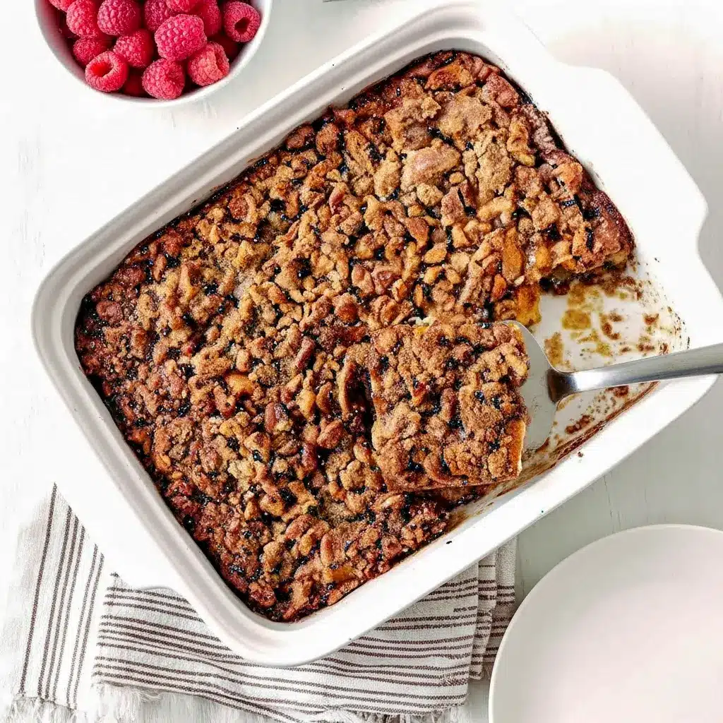 Close-up of a warm slice of Eggnog French Toast Casserole Overnight topped with caramelized pecans and a crisp crumble; a fork lifts a gooey bite of Eggnog French Toast Casserole that reveals spiced custard and soft bread, showcasing the cozy Eggnog French Toast goodness of this Over Night Eggnog French Toast Casserole, Overnight Eggnog French Toast Casserole.