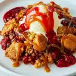 Golden peanut butter cookie-topped cobbler bubbling with strawberry filling in a glass 9×13 pan, served with a melting scoop of vanilla ice cream, Peanut Butter And Jelly Cobbler.